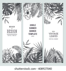Tropical palm leaves. Vertical banner set. Vector illustration