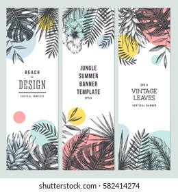 Tropical palm leaves. Vertical banner set. Vector illustration