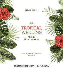 Tropical Palm Leaves. Wedding Invitation Template. Vector Illustration