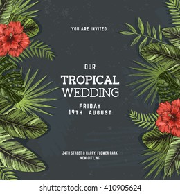 Tropical Palm Leaves. Wedding Invitation Template. Vector Illustration