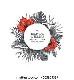 Tropical palm leaves. Wedding invitation template. Vector illustration