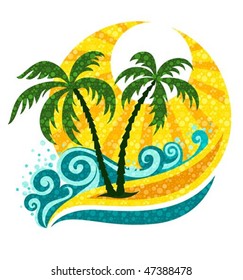 tropical palm in marine breaker and sunlight - vector illustration