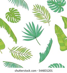 Tropical palm, monstera, chamaedorea leaves seamless pattern background