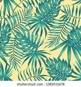 Tropical palm, monstera, fern leaves blue tone on the yellow background. Seamless vector pattern