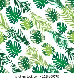 Tropical palm and monstera leaves, jungle leaf vector seamless floral pattern background