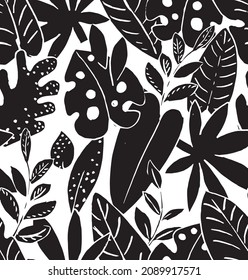 Tropical Palm, Monstera Leaves Seamless Pattern. Exotic Jungle Background. Hand Drawn Black and White vector illustration. 