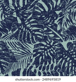 Tropical palm monstera leaves silhouette foliage wallpaper abstract vector seamless pattern for fabric shirt short print towel tablecloth cloth grunge effect in separate layer