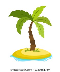 Tropical palm on island with sea waves vector illustration isolated white background. Beach under palm tree. Summer vacation in tropics. Cartoon vector illustration