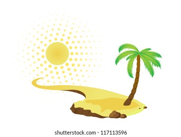 Tropical palm on island with sea. Vector logo.