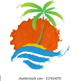 Tropical palm on island with sea. Vector logo.