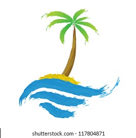 Tropical palm on island with sea. Vector logo.