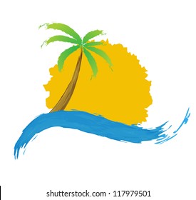 Tropical palm on island with sea. Vector logo.