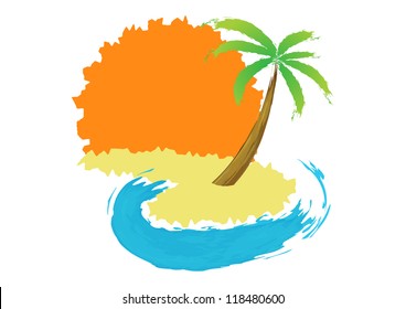 Tropical palm on island with sea. Vector logo.