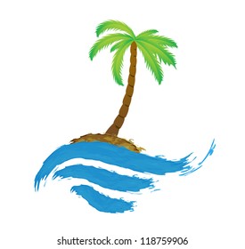 Tropical palm on island with sea. Vector logo.