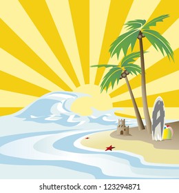 Tropical palm on island with sea waves