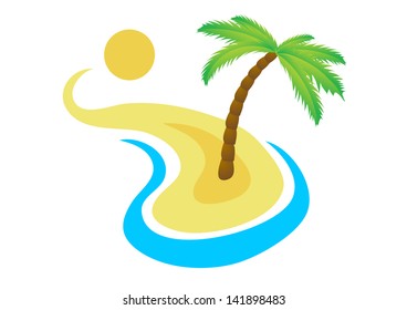 Tropical palm on island with sea. Vector illustration.