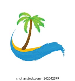 Tropical palm on island with sea. Vector icon.