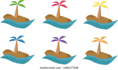 Tropical palm on island with sea waves vector illustration isolated white background. Beach under palm tree. Summer vacation in tropics
