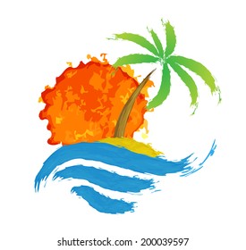 Tropical palm on island with sea. Vector illustration.