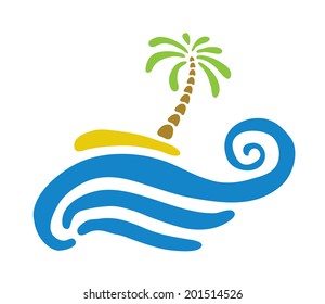 Tropical palm on island with sea. Vector illustration.