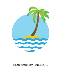 Tropical palm on island with sea. Vector logo.