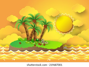 Tropical palm on island with sea and sunlight.vector illustration.