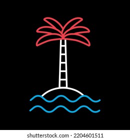 Tropical palm on island with sea waves vector isolated on black background icon. Summer sign. Graph symbol for travel and tourism web site and apps design, logo, app, UI