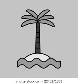 Tropical palm on island with sea waves vector isolated grayscale icon. Summer sign. Graph symbol for travel and tourism web site and apps design, logo, app, UI