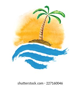 Tropical palm on island with sea. Vector illustration.