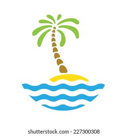 Tropical palm on island with sea. Vector logo.