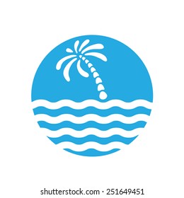Tropical palm on island with sea. Vector logo.