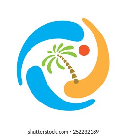 Tropical palm on island with sea. Vector logo.