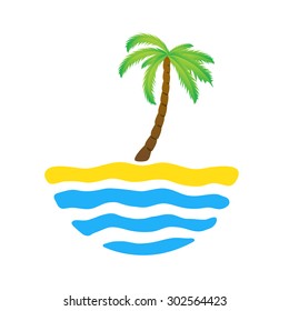 Tropical palm on island with sea. Vector logo illustration.
