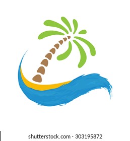 Tropical palm on island with sea. Vector logo illustration.