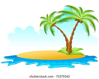 tropical palm on island with sea waves -  vector illustration