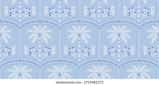 Tropical palm pattern. Exotic palm tree pattern blooms soft blue motif, coconut design. decorative summer pattern Hawaiian shirts. Monochromatic Moroccan frame motifs, floral hibiscus design.