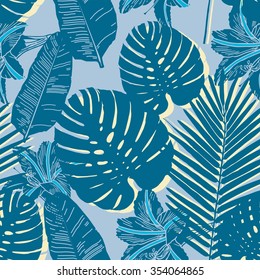 Tropical Palm seamless leaf blue pattern