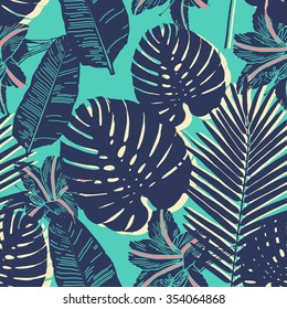 Tropical Palm seamless leaf blue pattern