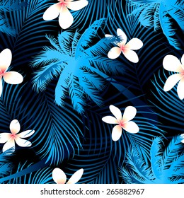 Tropical palm seamless pattern with black background .