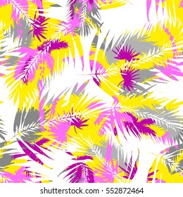 Tropical palm seamless vector leaves coconut pattern. Colorful layering effect exotic plants and leaf on a colorful palm leaves background.