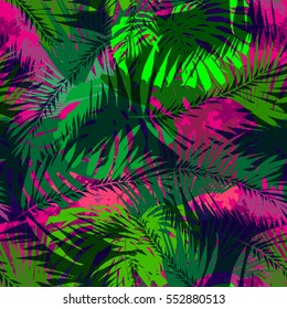 Tropical palm seamless vector leaves coconut pattern. Colorful overlay effect exotic plants monstera and leaf coco on a colorful palm leaves background.