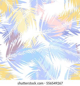 Tropical palm seamless vector leaves coconut pattern. Colorful overlay effect exotic plants and leaf coconat on a colorful palm leaves background.