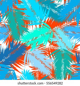 Tropical palm seamless vector leaves coconut pattern. Colorful overlay effect exotic plants and leaf coconat on a orange palms leafs background.