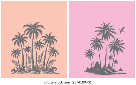 Tropical Palm Silhouettes on Peach and Pink Backgrounds, Island Scenes with Waves and Birds, Minimalist Art Print Design