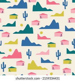 Tropical Palm Springs vector seamless pattern design, Los Angeles California. Including cute mountains, cacti and houses. Perfect for west coast projects and summer vibes. Matching patterns available.