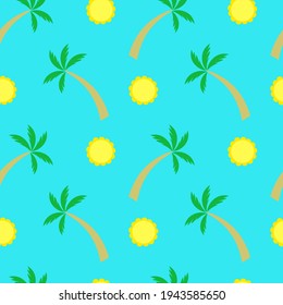Tropical palm and sun on a blue background. Seamless vector illustration. Background.