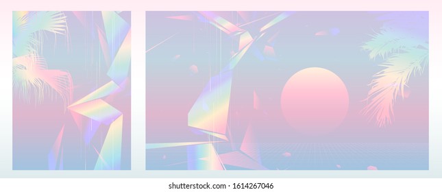 Tropical palm tree and abstract polygon shape, light glow luminescent effects, beach background with perspective grid. vintage/ retro futuristic vaporwave minimal background