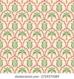 Palmeira tropical em arco damasca padrão sem costura. Impressão árabe azulejo verão com forma de plantas tropicais. Ornamento geométrico de Marraquexe, tecido vetorial desenhado à mão, design têxtil, papel de parede, fundo.