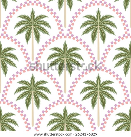 Tropical palm tree, arch seamless pattern. Jungle wallpaper.	