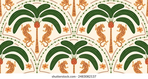 Tropical palm tree Asian leopard seamless pattern. Cute jungle damask ornament, jungle arched print, hand drawn wild animal under the coconut, Indian textile design wallpaper Vector beach illustration
